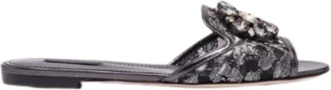 Dolce & Gabbana Grijze Kant Slide Sandalen Kristallen Broche