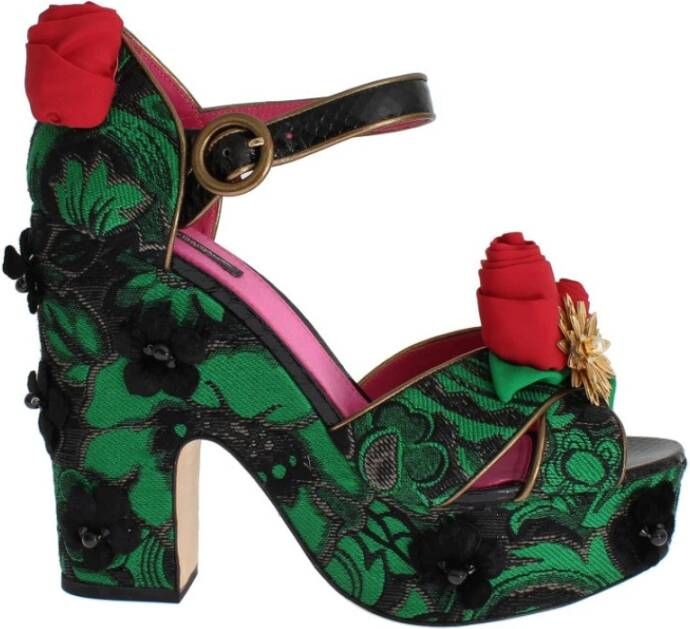 Dolce & Gabbana Groene Brokaat Slangenhuid Rozen Kristal Schoenen Green Dames