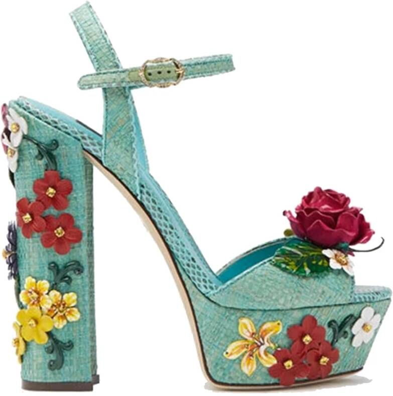 Dolce & Gabbana Groene Platform Sandalen met Appliquéd Bloemen Green Dames
