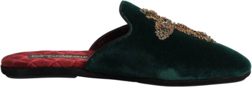 Dolce & Gabbana Groene Velvet Cross Embellished Slippers
