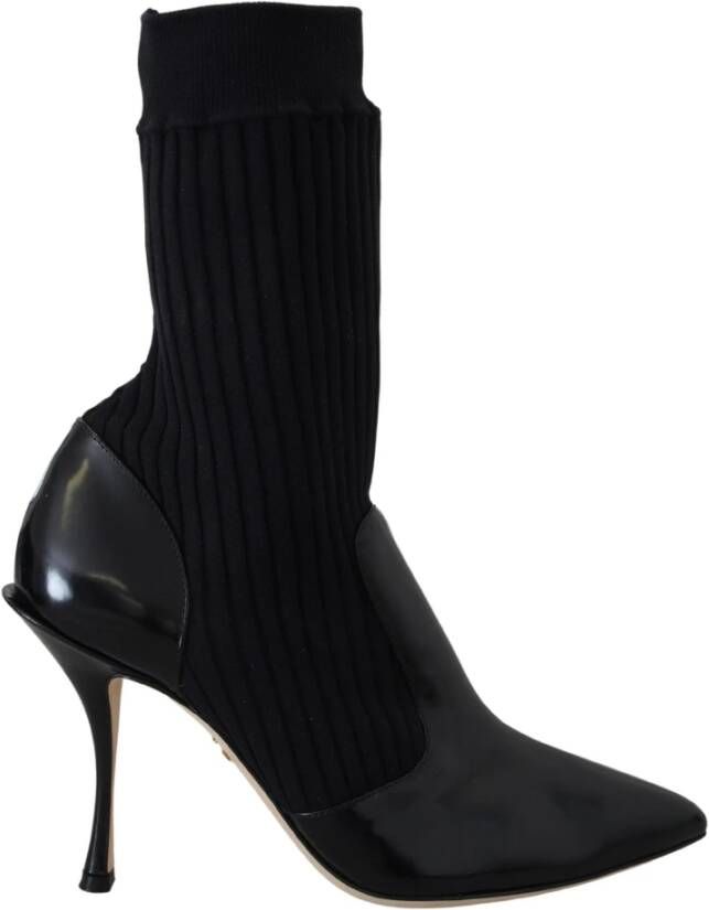 Dolce & Gabbana Zwarte Leren Logo Mid Calf Laarzen Black Dames