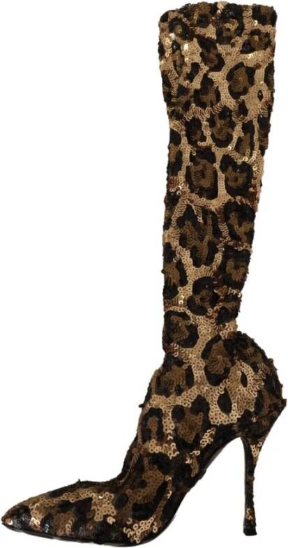 Dolce & Gabbana Gold Leopard Sequins Heels Boots Shoes Bruin Dames