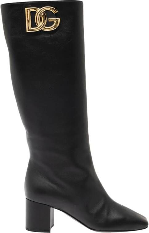 Dolce & Gabbana Leren laarzen met goudkleurige logohardware Black Dames