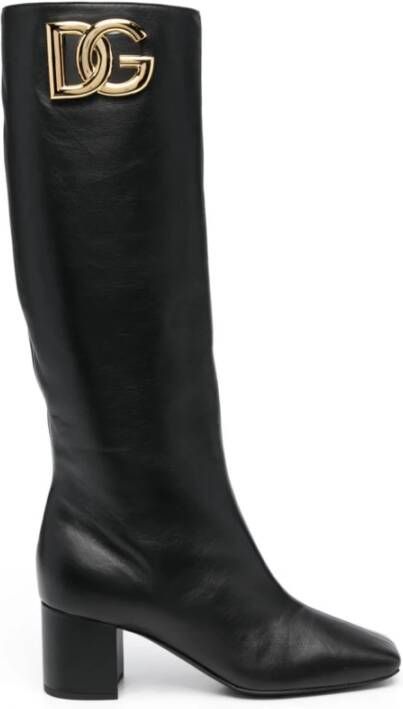 Dolce & Gabbana Leren laarzen met goudkleurige logohardware Black Dames