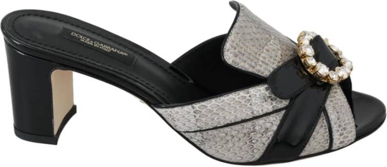 Dolce & Gabbana Black Gray Exotic Leather Crystals Sandals Shoes Zwart Dames