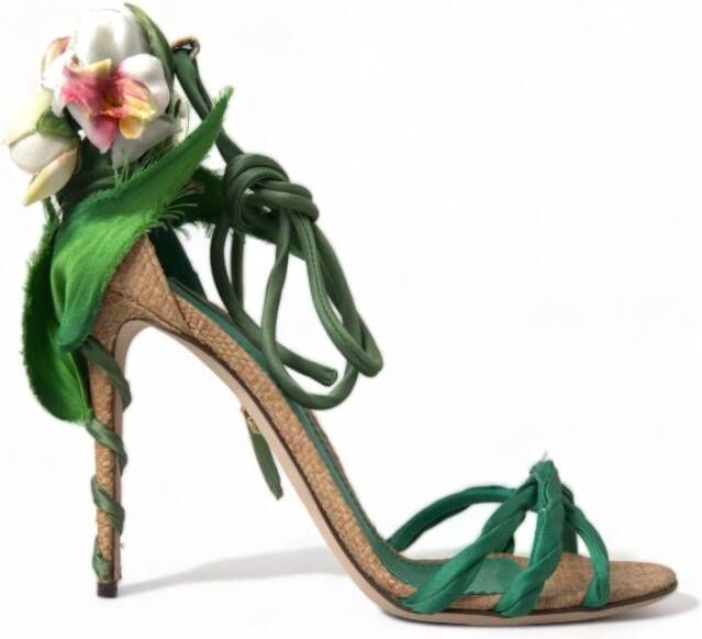 Dolce & Gabbana Bloemen Satijnen Hak Sandalen Green Dames