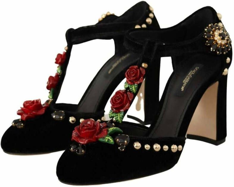 Dolce & Gabbana Zwarte Mary Jane Pumps met Rozen en Kristallen Black Dames