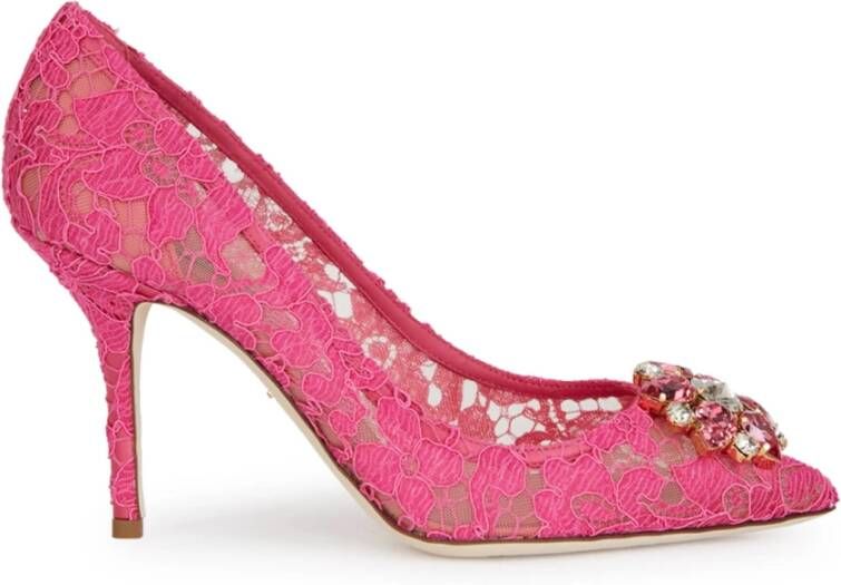 Dolce & Gabbana Pink Taormina Lace Crystal Heels Pumps Shoes Roze Dames