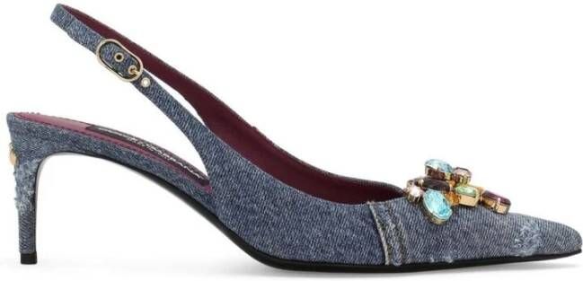 Dolce & Gabbana Indigo Blauwe Denim Kristalversierde Slingback Schoenen Blue Dames