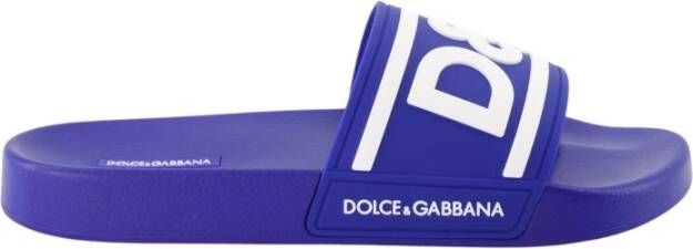 Dolce & Gabbana Rubberen Slippers met Logo en Geribbelde Kraag Blue Heren
