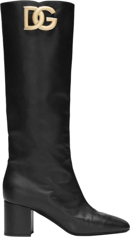 Dolce & Gabbana Leren laarzen met goudkleurige logohardware Black Dames