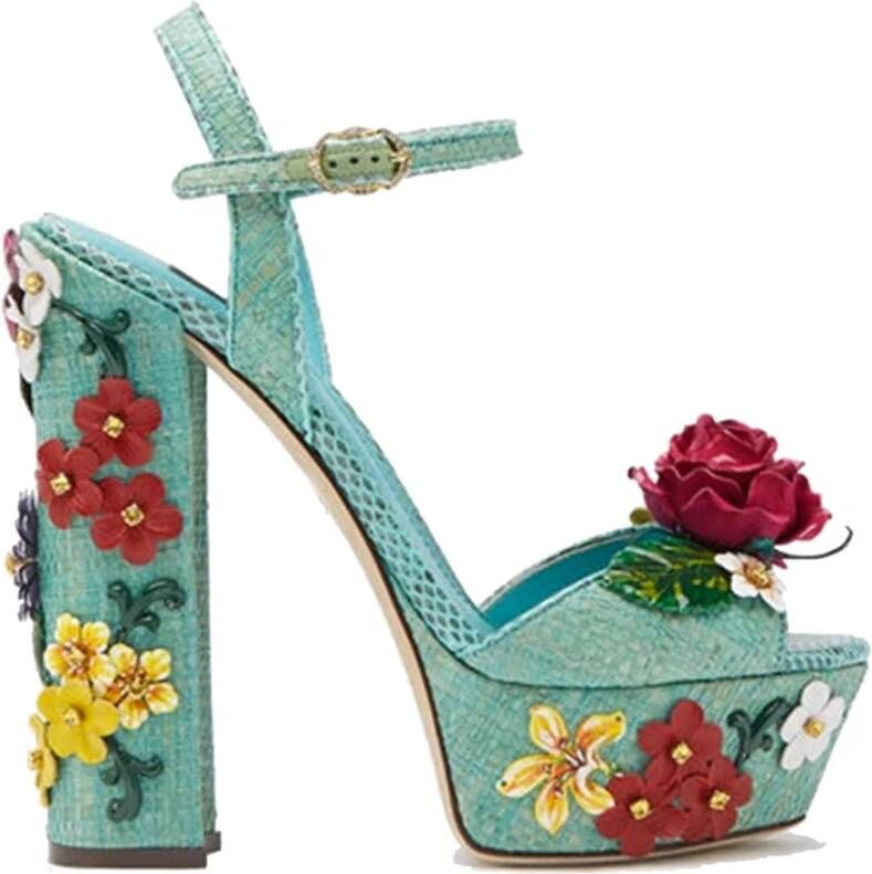 Dolce & Gabbana Groene Platform Sandalen met Appliquéd Bloemen Green Dames