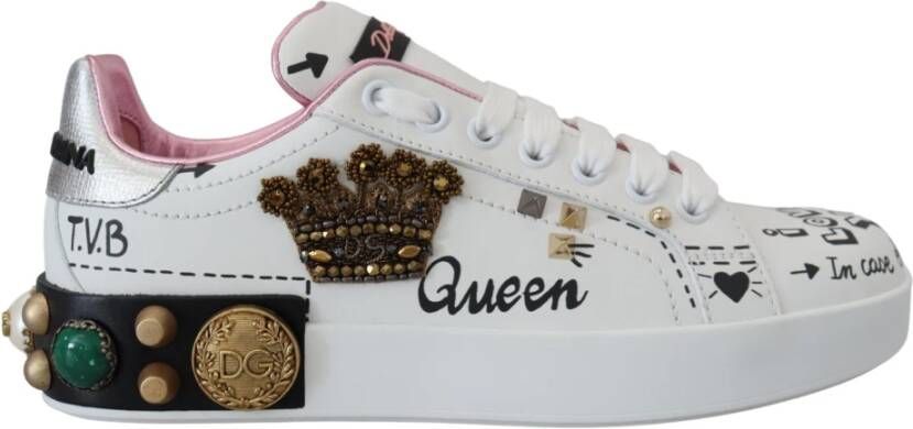 Dolce & Gabbana Witte Leren Kristallen Koningin Kroon Sneakers White Dames