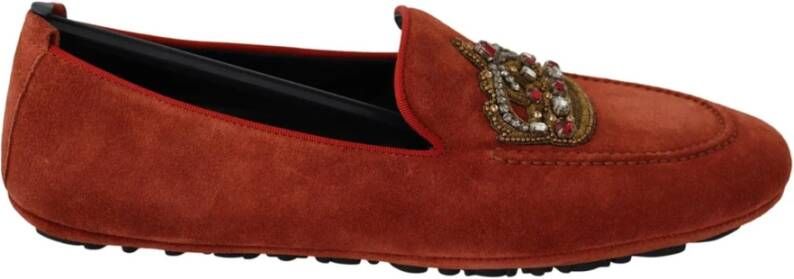 Dolce & Gabbana Luxe Oranje Leren Loafers met Gouden Borduursel Brown Heren