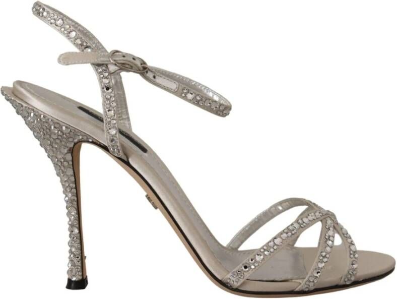 Dolce & Gabbana Silver Crystal Covered Ankle Strap Sandals Shoes Grijs Dames