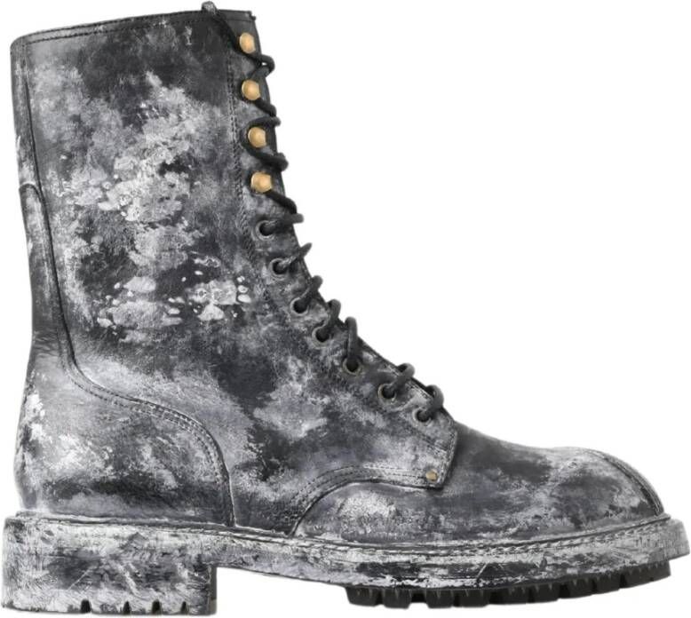 Dolce & Gabbana Black Leather Combat High Boots Shoes Zwart Heren
