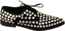 Dolce & Gabbana Elegant Crystal-Embellished Lace-Up Leather Flats Wo Black Flat