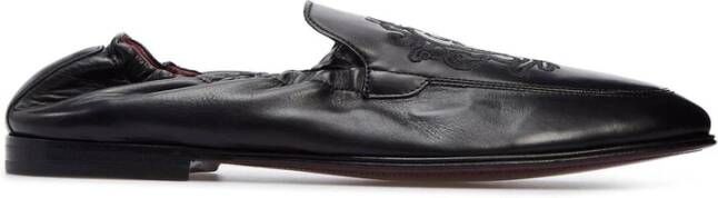 Dolce & Gabbana Geborduurde Leren Loafers Slip-On Black Heren