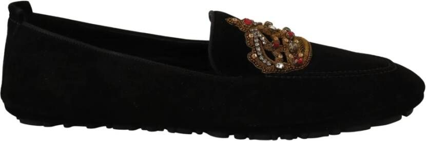 Dolce & Gabbana Elegante Zwarte Leren Loafer Slides met Gouden Borduursel Black Heren