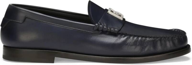 Dolce & Gabbana Marineblauwe Leren Logo Plaque Instappers Blue Heren