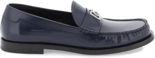 Dolce & Gabbana Blauwe Leren Loafers met Metalen DG Logo Blue Heren