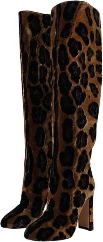 Dolce & Gabbana Bruine Giraffe Fluweel Leren Kniehoge Laarzen