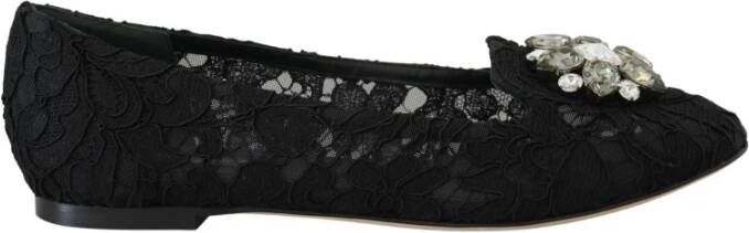 Dolce & Gabbana Zwarte Taormina Kant Kristal Platte Schoenen Black Dames