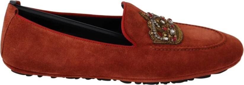 Dolce & Gabbana Luxe Oranje Leren Loafers met Gouden Borduursel Brown Heren