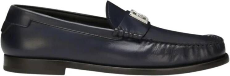 Dolce & Gabbana Marineblauwe Leren Logo Plaque Instappers Blue Heren