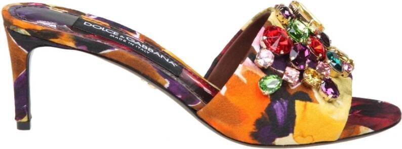 Dolce & Gabbana Multicolor Brokaat Slipper met Gekleurde Stenen Yellow Dames