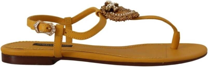 Dolce & Gabbana Mustard Leather Devotion Flats Sandals Shoes Geel Dames