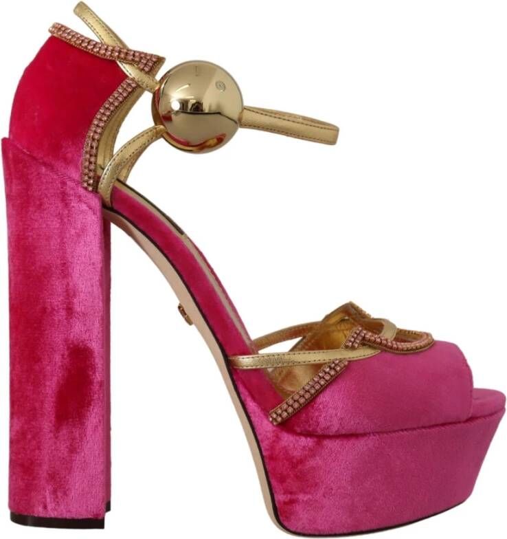 Dolce & Gabbana Pink Velvet Crystal Ankle Strap Sandals Shoes Roze Dames