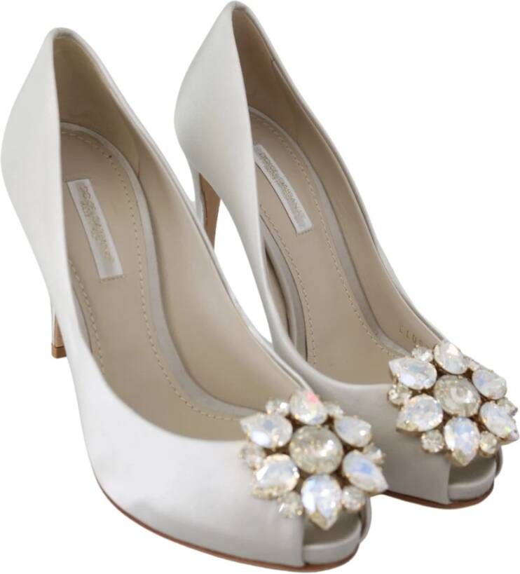 Dolce & Gabbana Witte kristallen Peep Toe Hakken Satijnen Pumps Schoenen Wit Dames - Foto 3