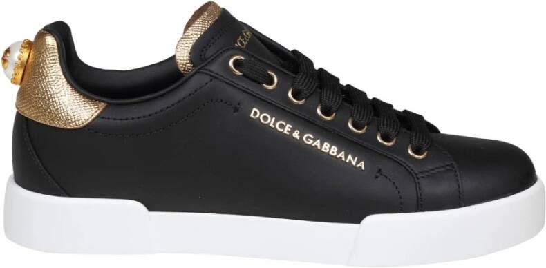 Dolce & Gabbana Portofino Sneakers van Zwart Leer met Logo Parel Black Dames