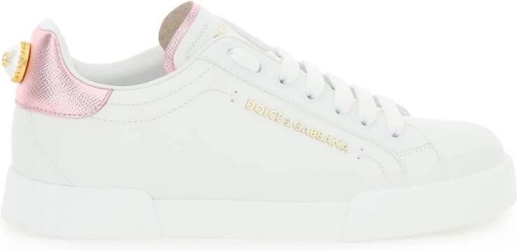 Dolce & Gabbana Klassieke Sneaker met Contrasterende Hak en Kunstmatige Parelversieringen White Dames