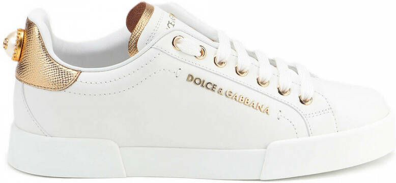 Dolce & Gabbana Witte leren sneakers met gouden en witte logo-applicaties