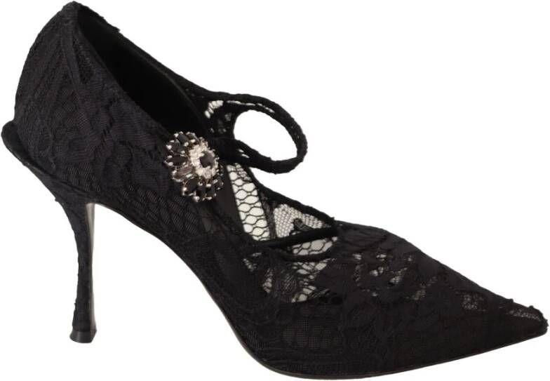 Dolce & Gabbana Black Lace Crystals Heels Mary Jane Pumps Shoes Zwart Dames