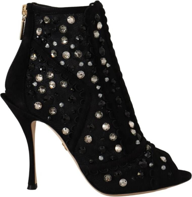 Dolce & Gabbana Black Crystals Heels Zipper Short Boots Shoes Zwart Dames