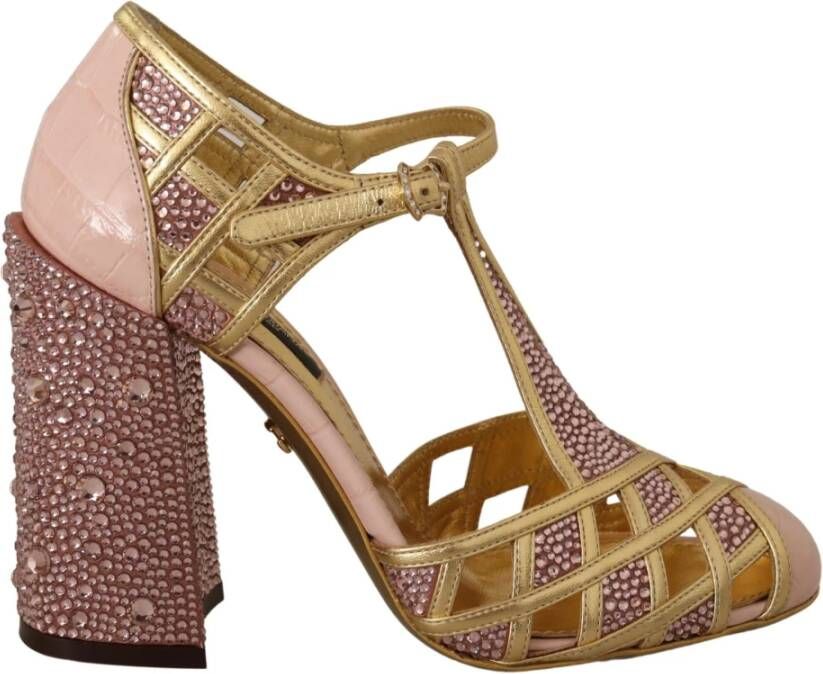 Dolce & Gabbana Pink Gold Leather Crystal Pumps T-strap Shoes Geel Dames
