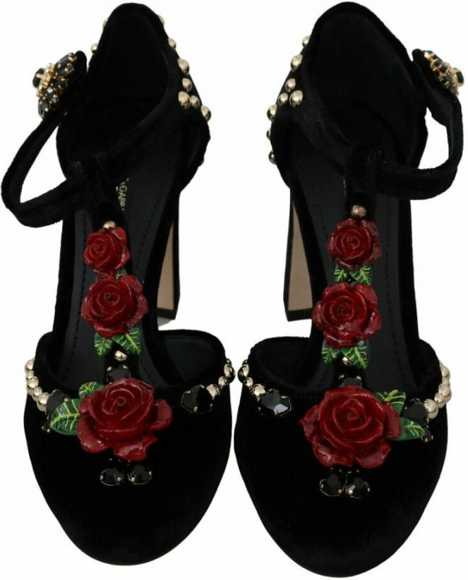 Dolce & Gabbana Zwarte Mary Jane Pumps met Rozen en Kristallen Black Dames