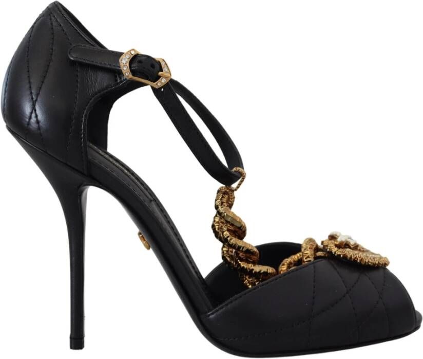 Dolce & Gabbana Zwarte Leren Gouden Devotion Heart Sandalen Black Dames