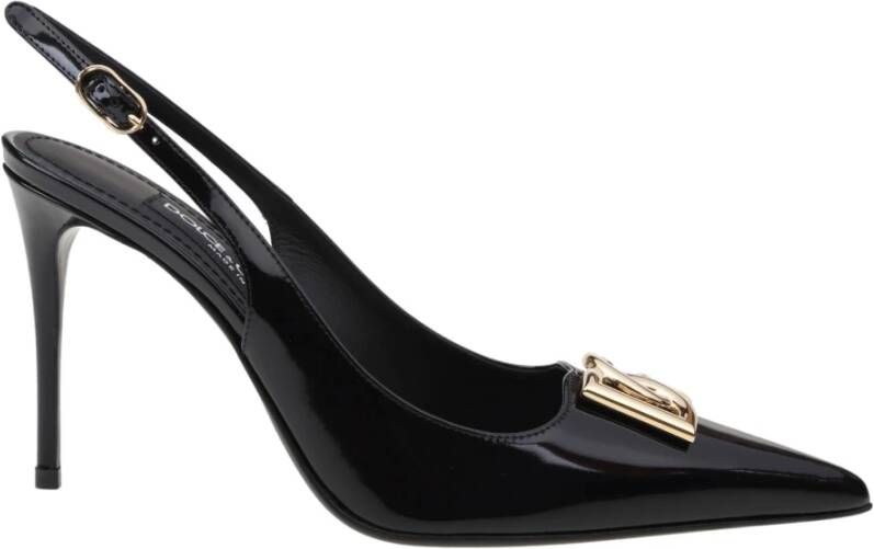 Dolce & Gabbana Glanzend Leren Slingback Pumps met Gouden Metalen DG Monogram Black Dames