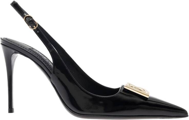 Dolce & Gabbana Glanzend Leren Slingback Pumps met Gouden Metalen DG Monogram Black Dames