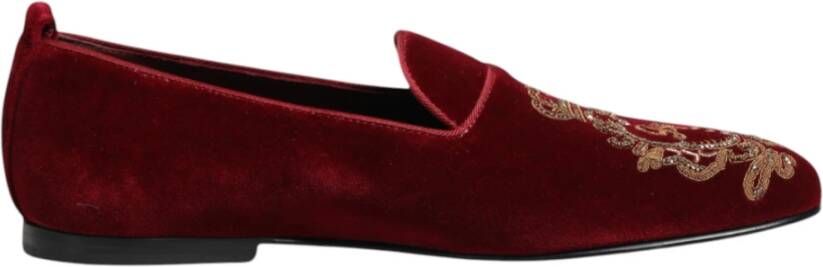 Dolce & Gabbana Rode Velvet Gouden Kroon Loafers Schoenen