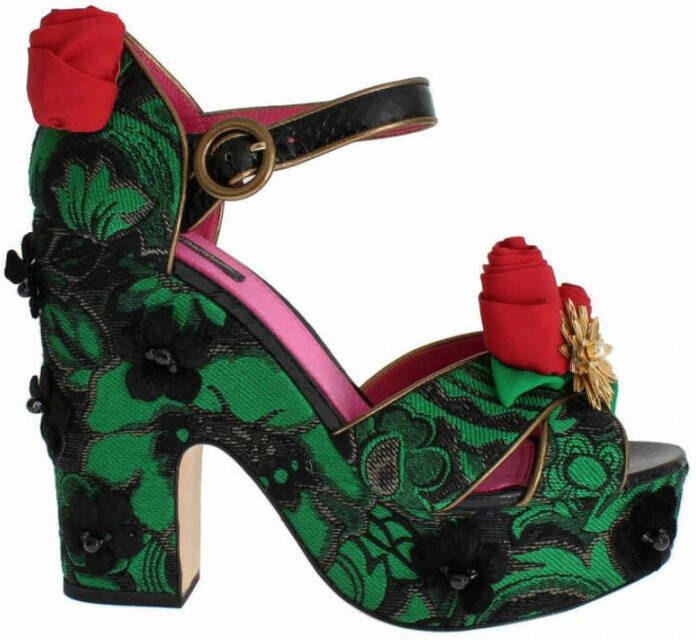 Dolce & Gabbana Groene Brokaat Slangenhuid Rozen Kristal Schoenen Green Dames