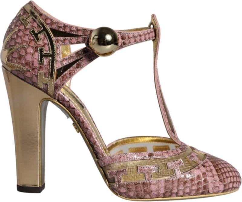 Dolce & Gabbana Roze Gouden Leren T-Riem Sandalen