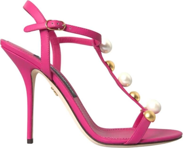 Dolce & Gabbana Roze Leren T-Strap Sandalen Pink Dames