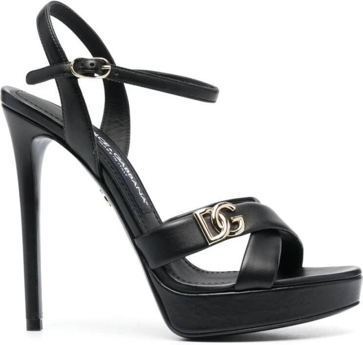 Dolce & Gabbana Zwarte Leren Hoge Hak Sandalen Black Dames
