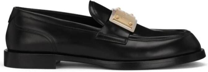 Dolce & Gabbana Zwarte Leren Loafers met Gouden Logo Plaque Black Heren