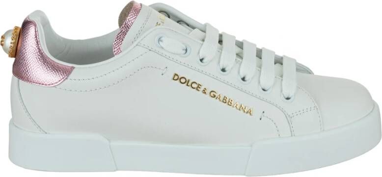 Dolce & Gabbana Witte leren sneakers met gouden en witte logo-applicaties White Dames